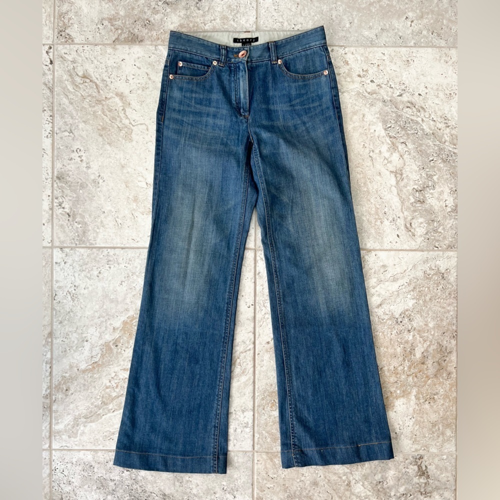Theory Yalina D Bruges Wide-Leg Denim Trouser Pants in MediumBlue Indigo, size 0